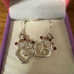 Silver Heart Crown Earrings with Pink Accents